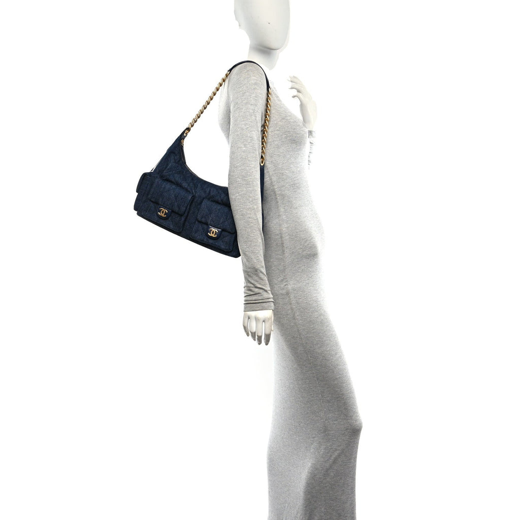 Washed Denim Quilted Large Trendy Pockets Hobo Dark Blue