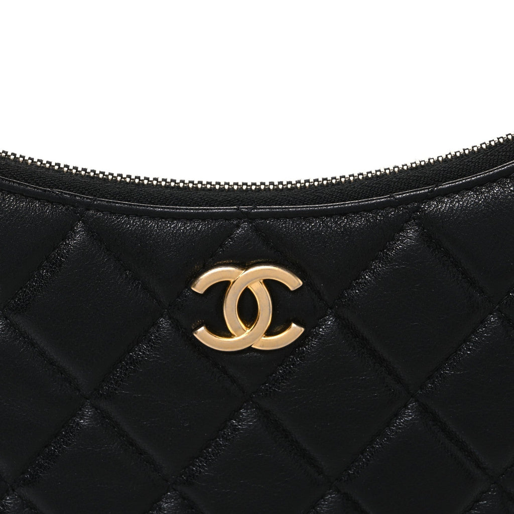 Shiny Crumpled Lambskin Quilted Trendy Chain Around Hobo Black