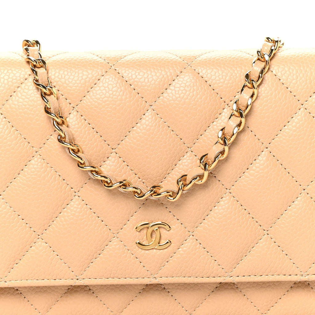 Caviar Quilted Wallet on Chain WOC Beige