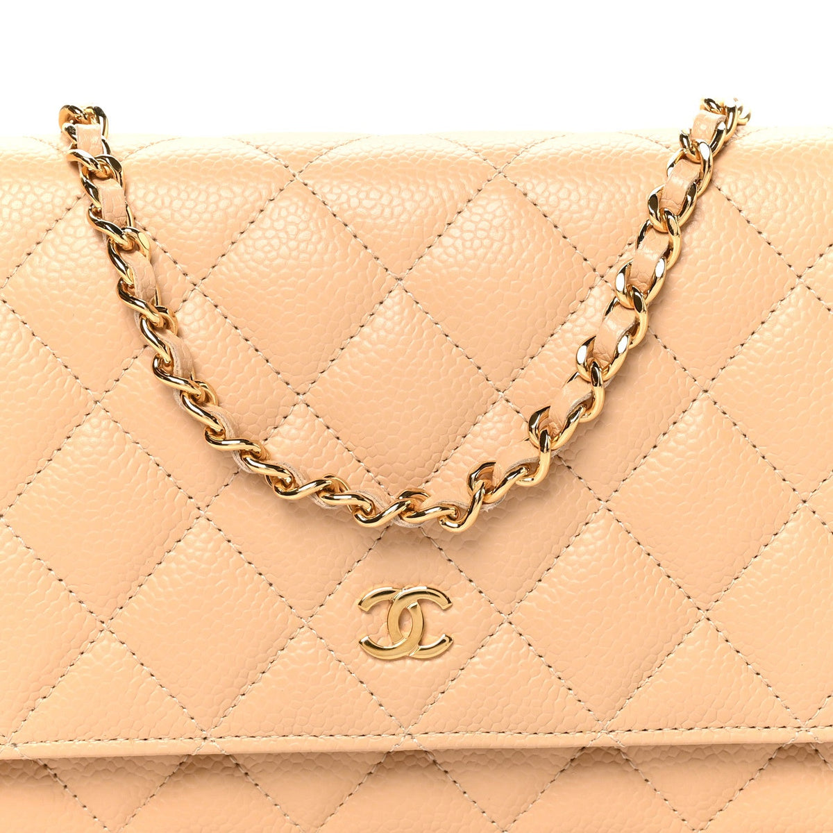Caviar Quilted Wallet on Chain WOC Beige