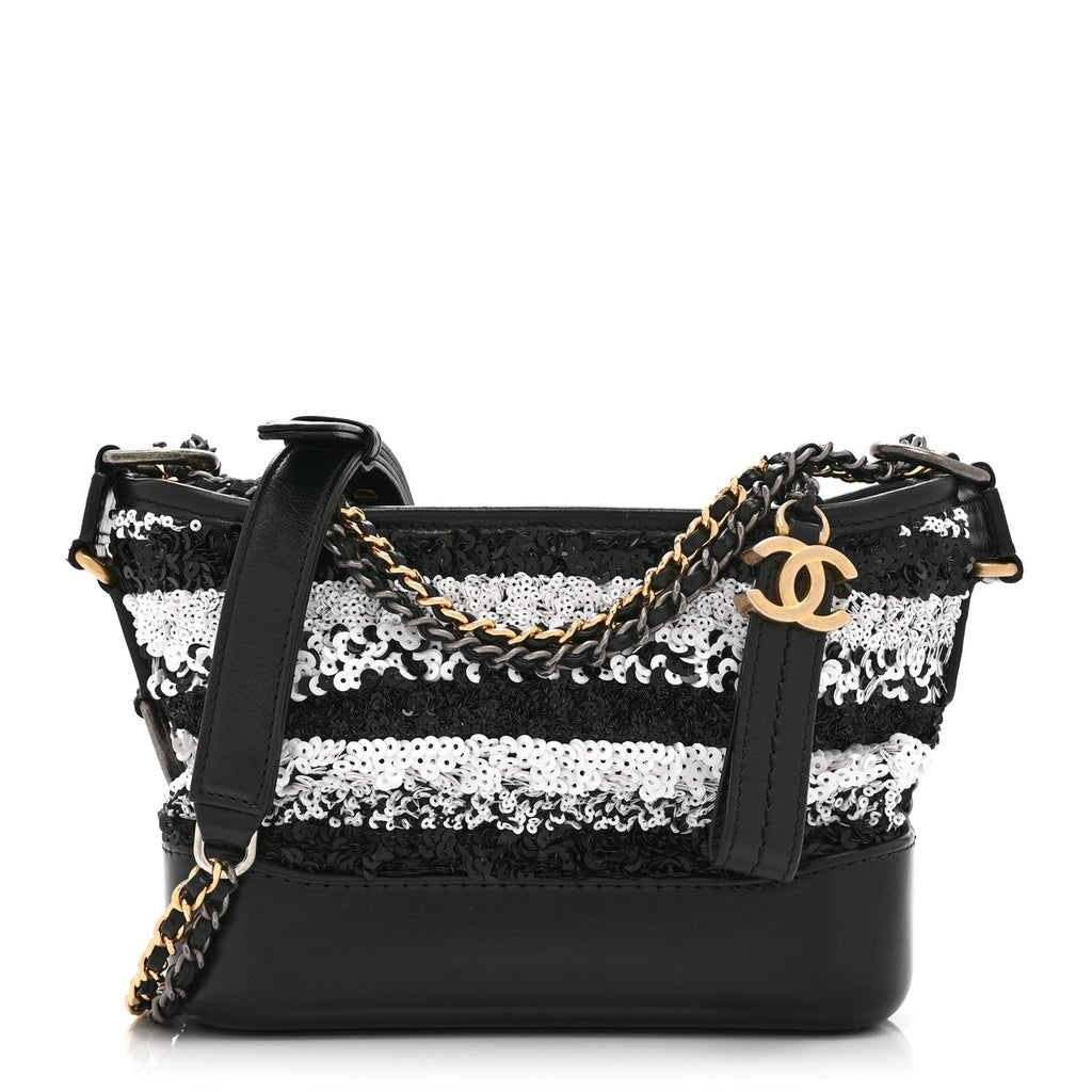 Sequin Calfskin Small Gabrielle Hobo Black White