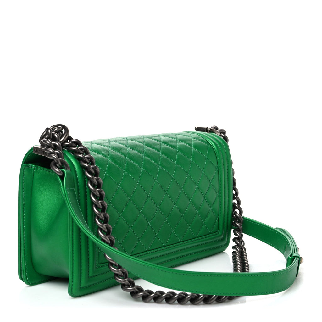 Metallic Calfskin Quilted Medium Boy Flap Green