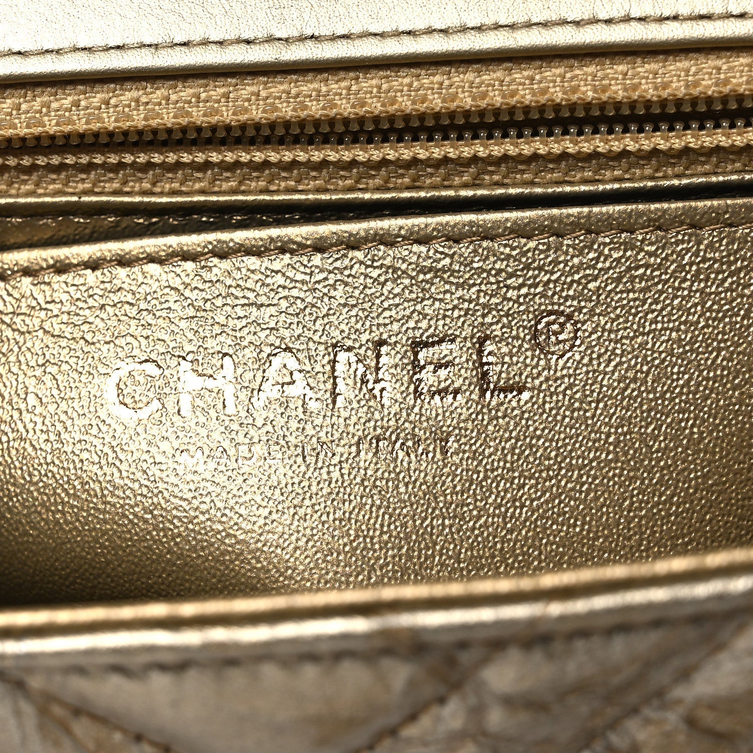 Metallic Crumpled Calfskin Chevron Quilted Mini Square Flap Gold