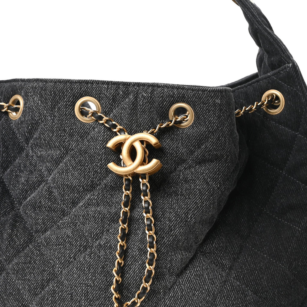 Washed Denim Quilted Medium Chanel 25 Handbag Black