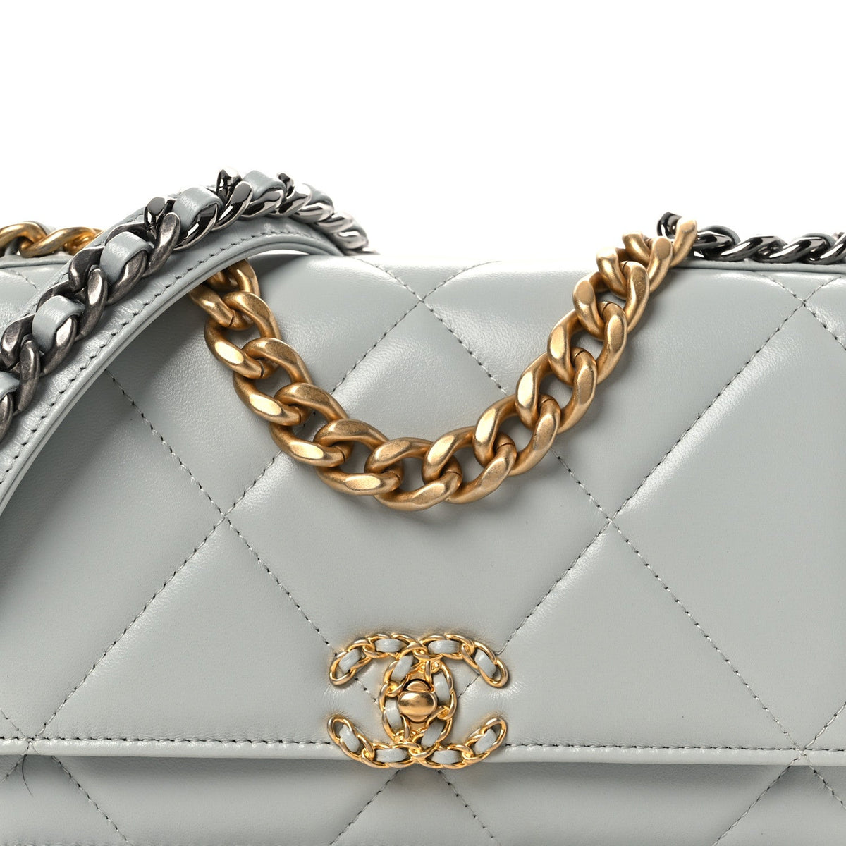 Lambskin Quilted Chanel 19 Wallet On Chain WOC Light Blue