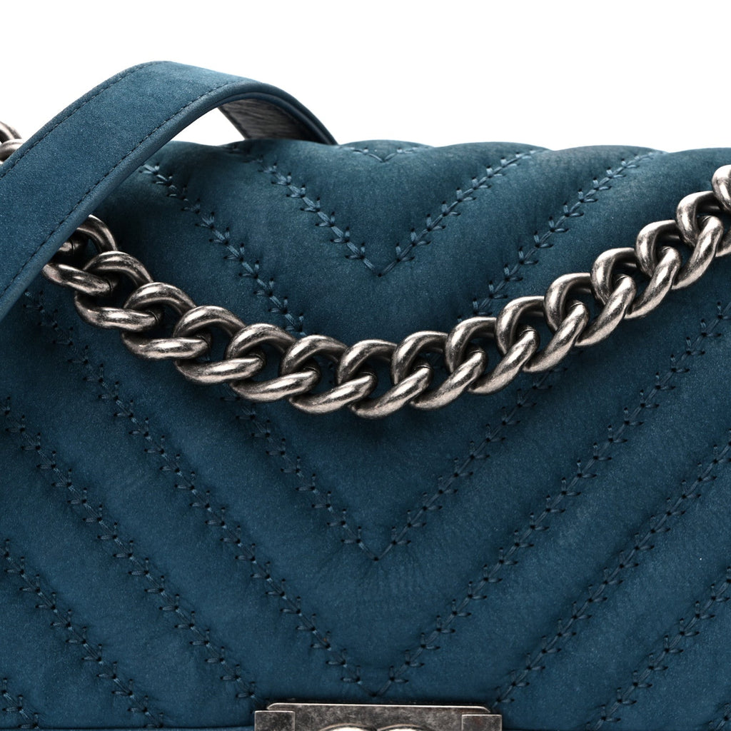Nubuck Chevron Quilted Medium Boy Flap Blue