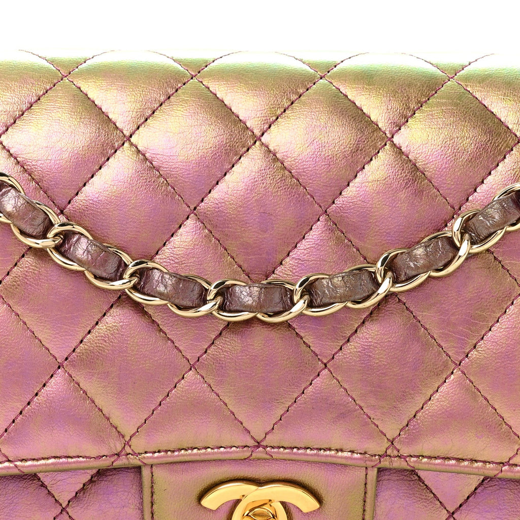 Iridescent Lambskin Quilted Medium Double Flap Purple
