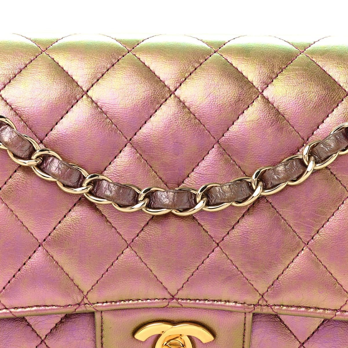Iridescent Lambskin Quilted Medium Double Flap Purple