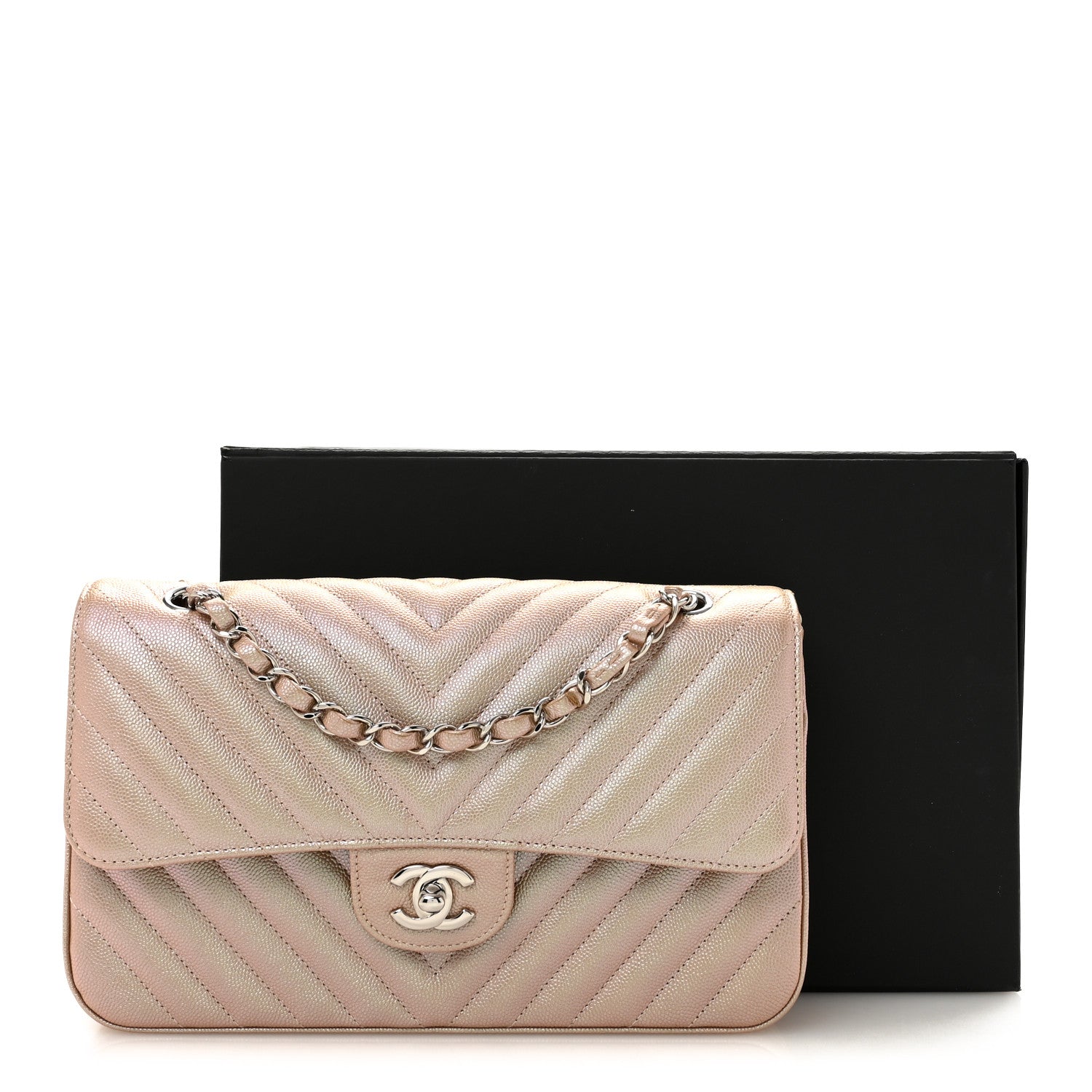 Metallic Caviar Chevron Quilted Medium Double Flap Light Gold