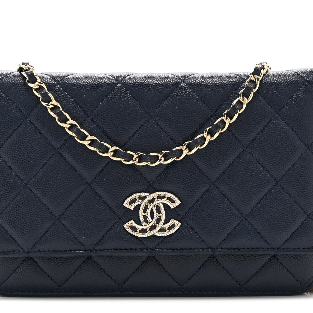 Caviar Quilted Crystal CC Wallet On Chain WOC Navy