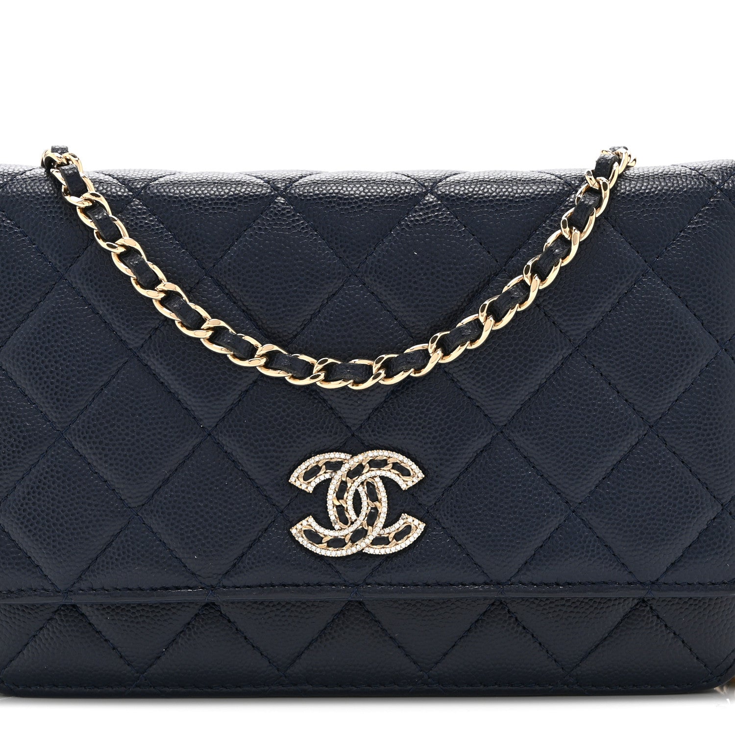 Caviar Quilted Crystal CC Wallet On Chain WOC Navy