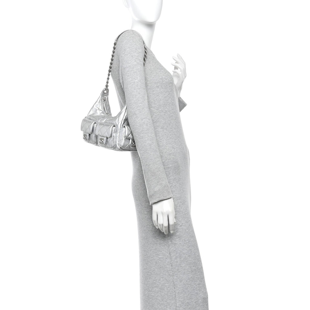 Metallic Lambskin Quilted Trendy Pockets Hobo Silver