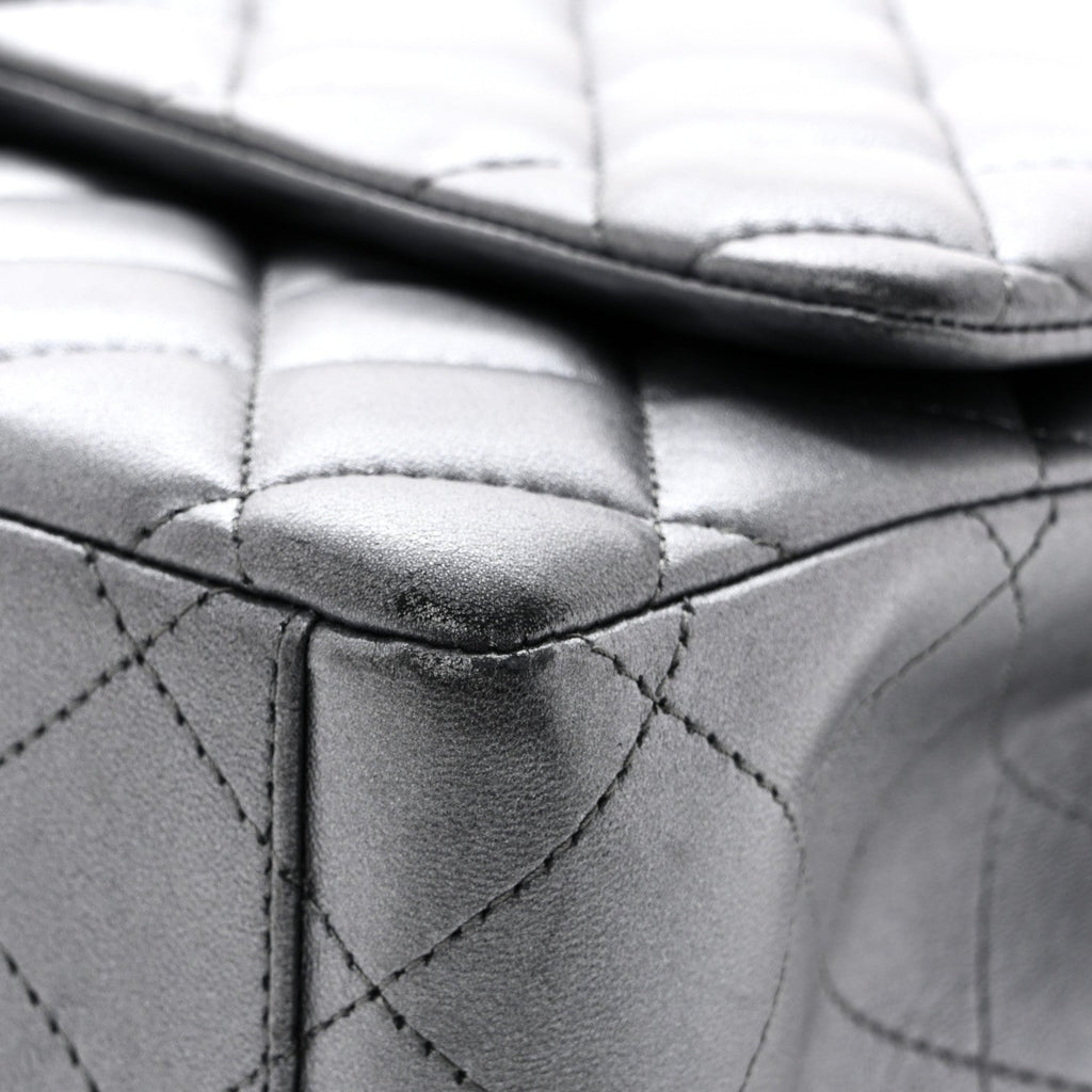Metallic Lambskin Quilted Maxi Double Flap Pewter