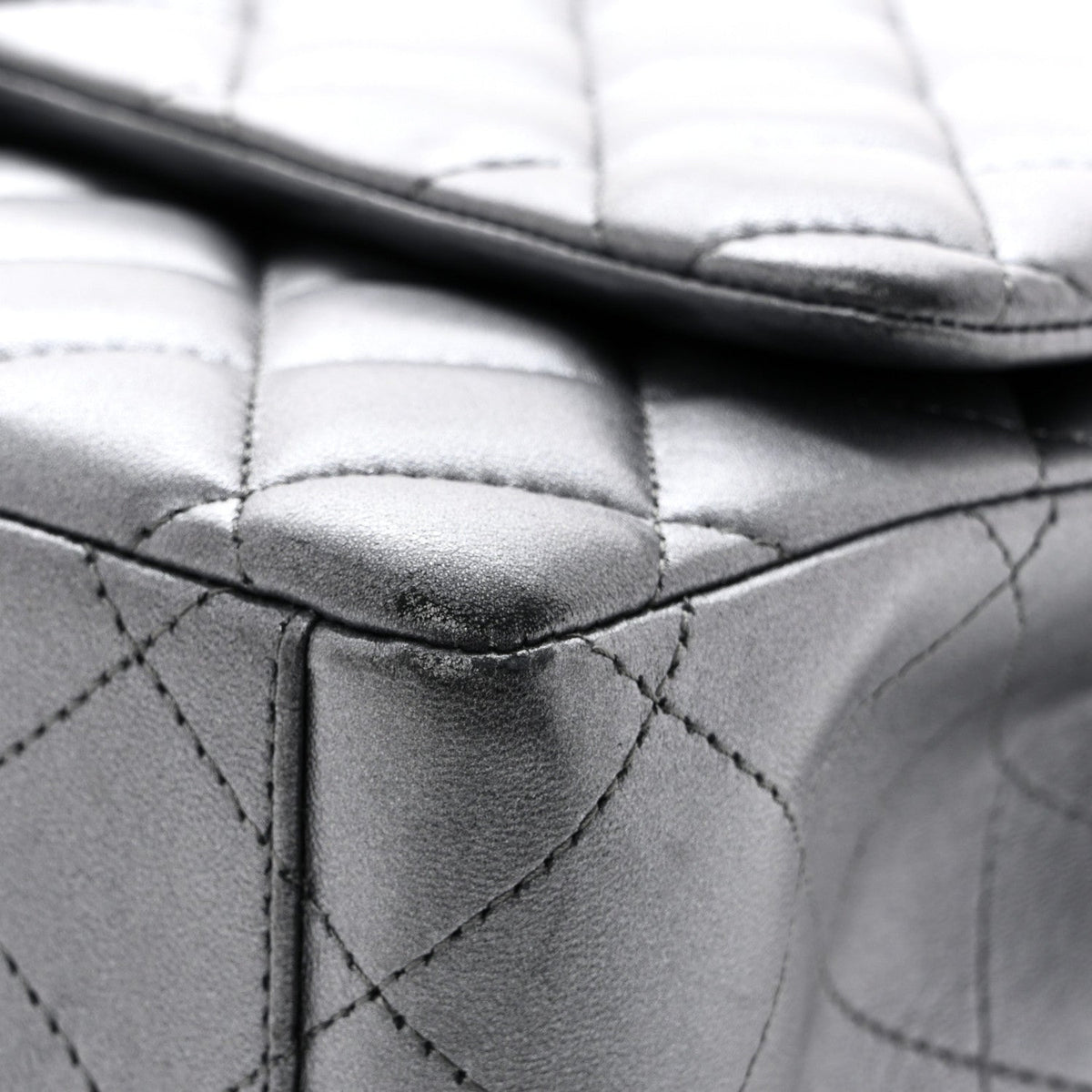 Metallic Lambskin Quilted Maxi Double Flap Pewter