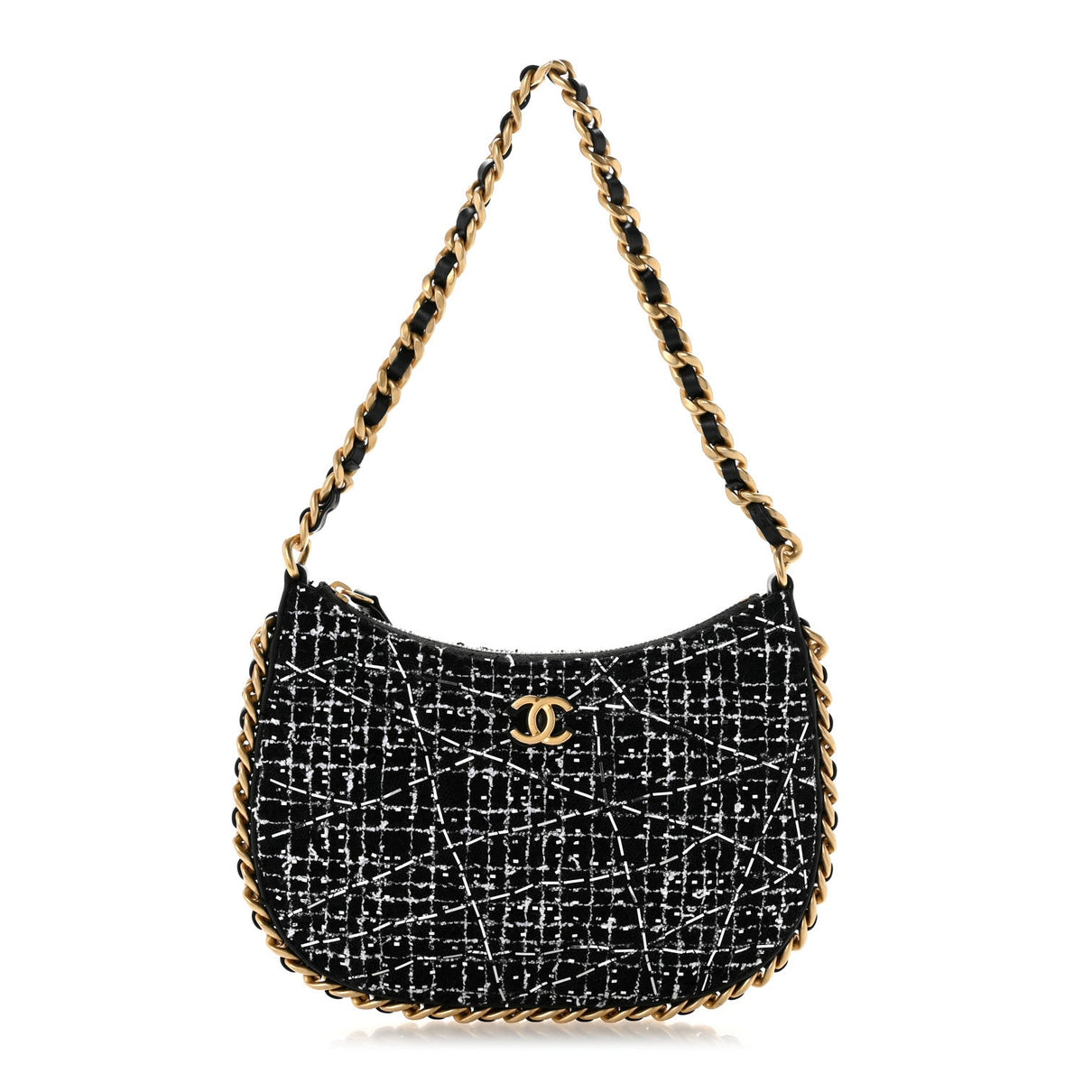 Tweed Sequin Quilted Trendy Chain Around Hobo Black White