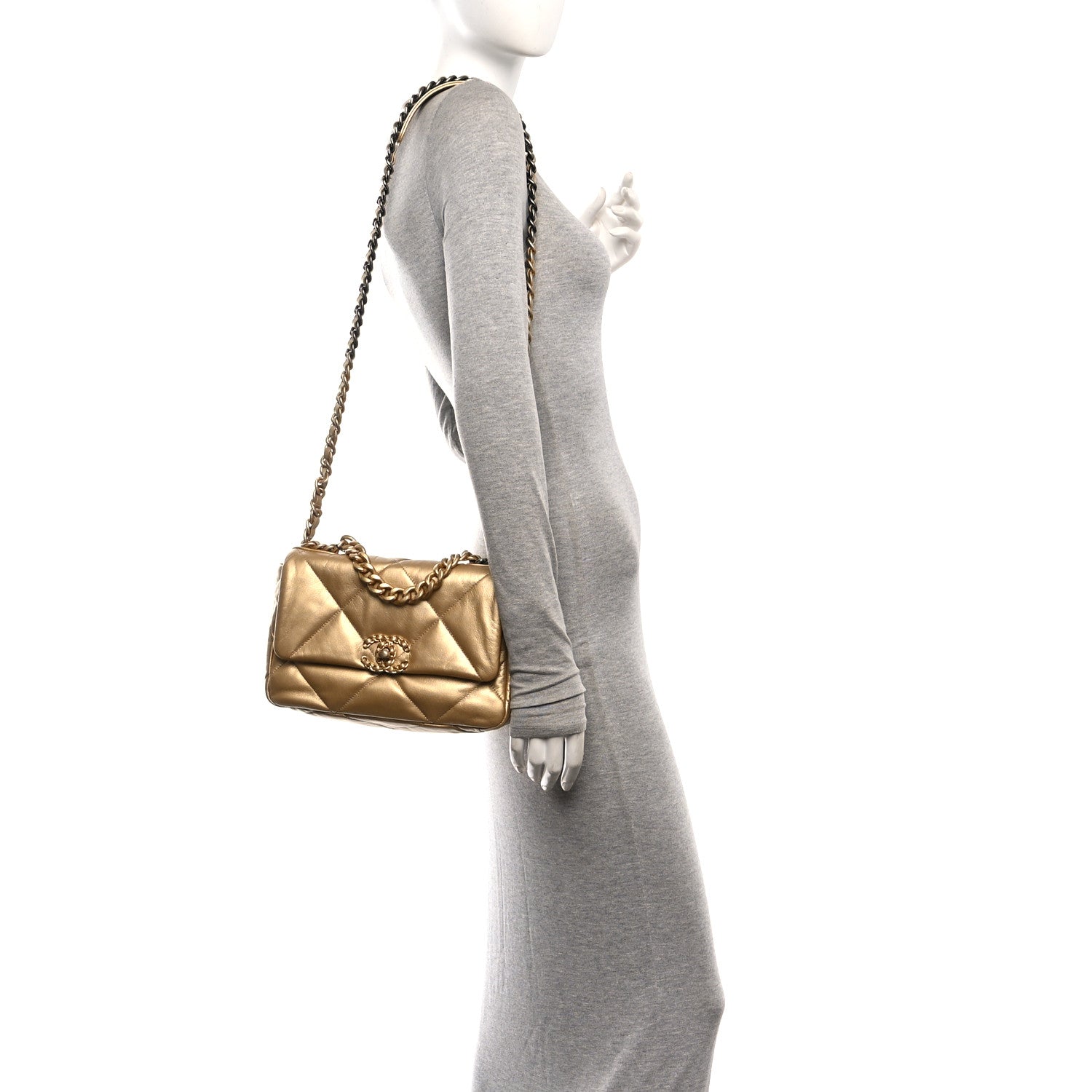 Metallic Goatskin Quilted Medium Chanel 19 Flap Gold