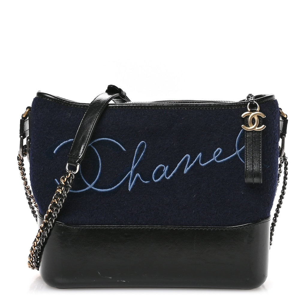 Calfskin Wool Embroidered Paris Hamburg Small Gabrielle Hobo Dark Navy Blue