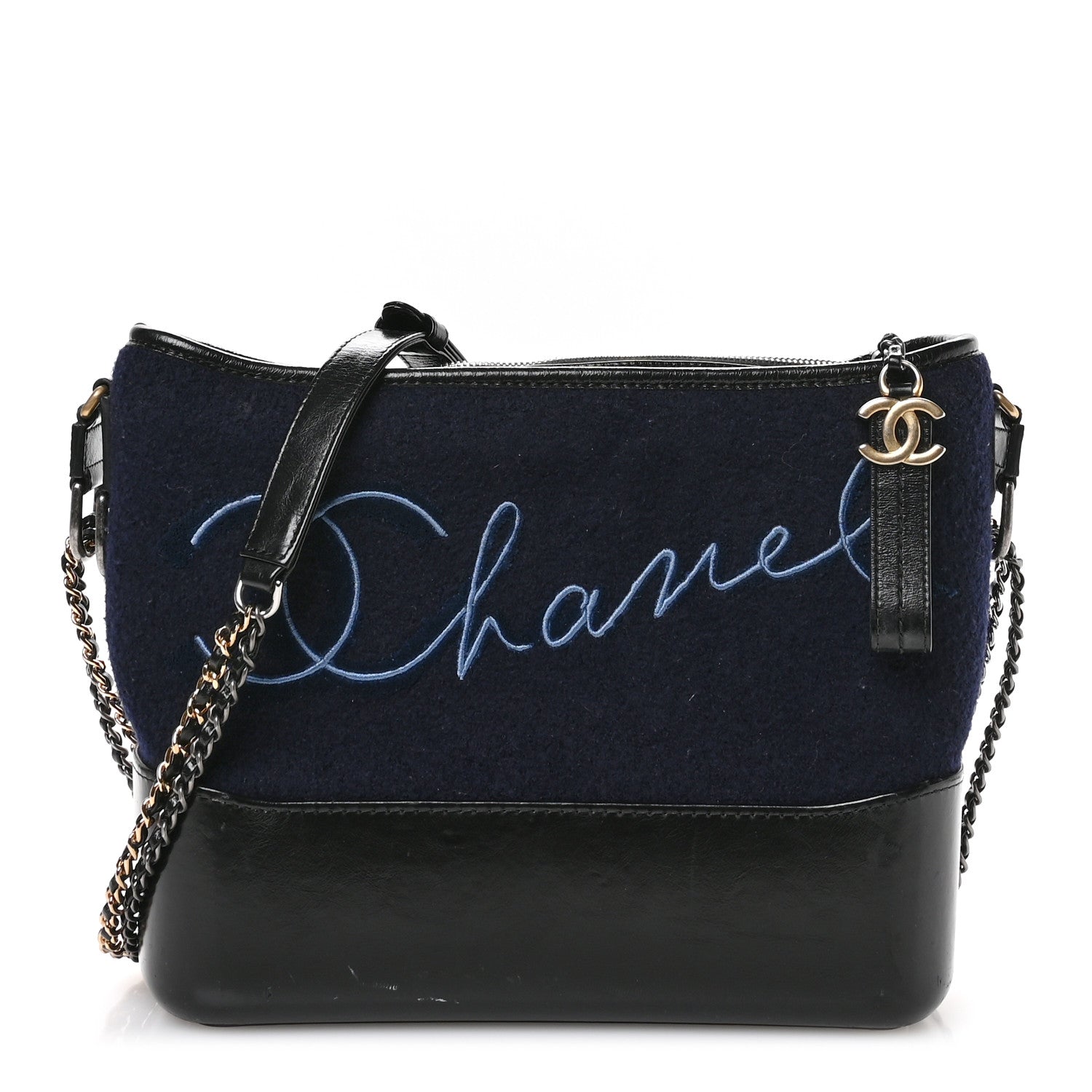 Calfskin Wool Embroidered Paris Hamburg Small Gabrielle Hobo Dark Navy Blue