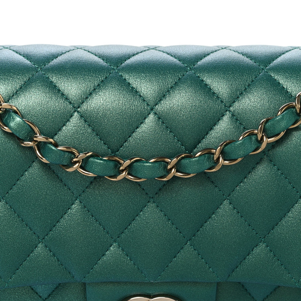 Iridescent Calfskin Quilted Medium Double Flap Green