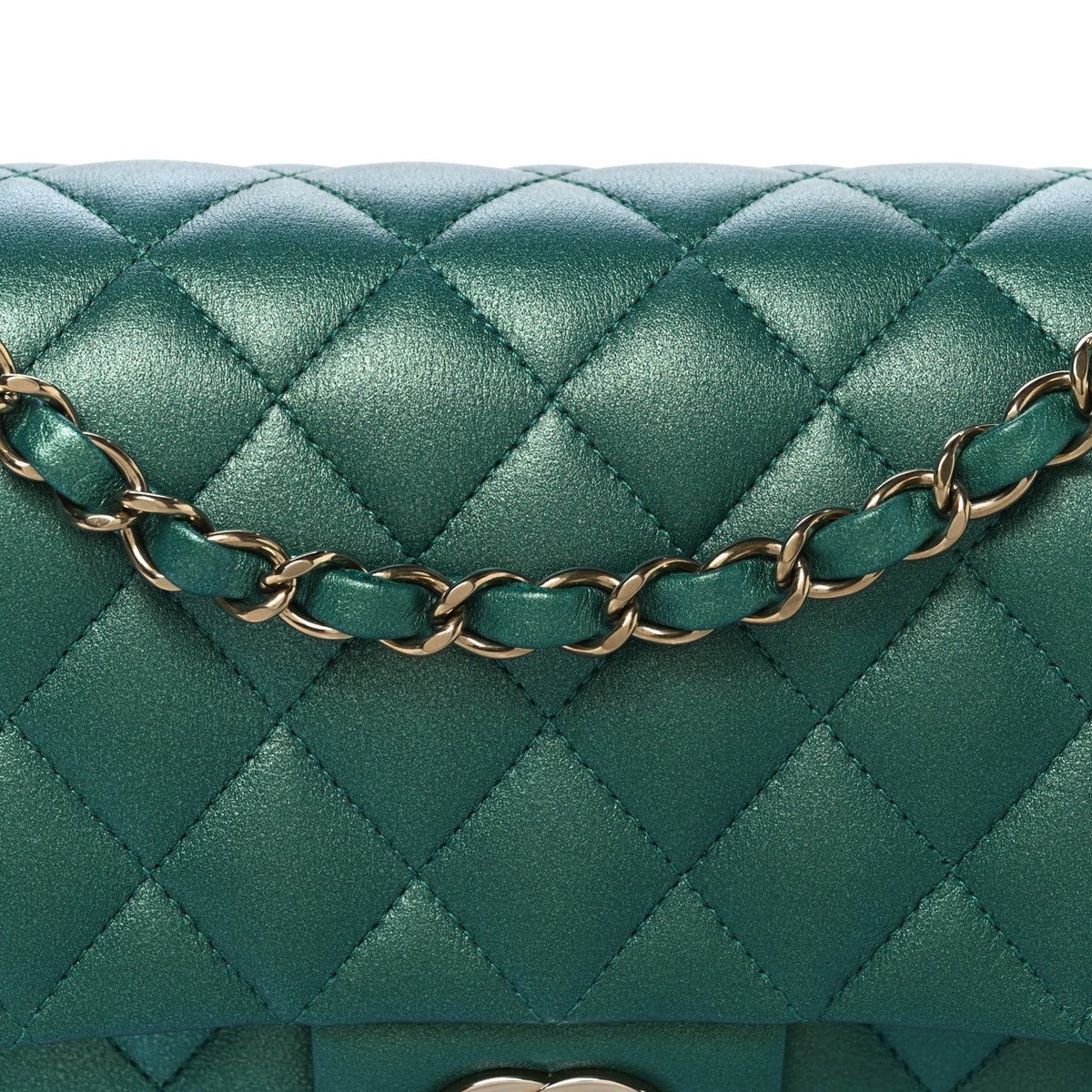 Iridescent Calfskin Quilted Medium Double Flap Green