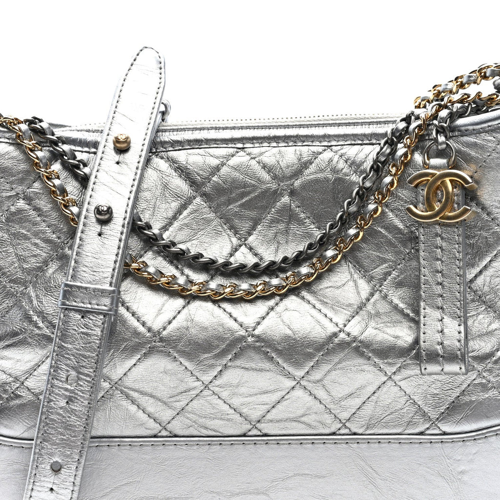 Metallic Aged Calfskin Quilted Medium Gabrielle Silver
