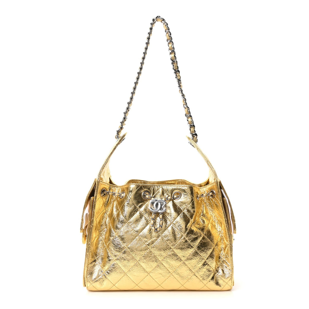 Metallic Aged Calfskin Quilted Small Chanel 25 Handbag Gold