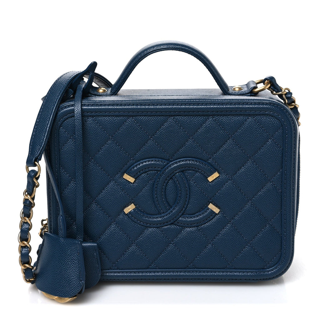 Caviar Quilted Medium CC Filigree Vanity Case Dark Blue