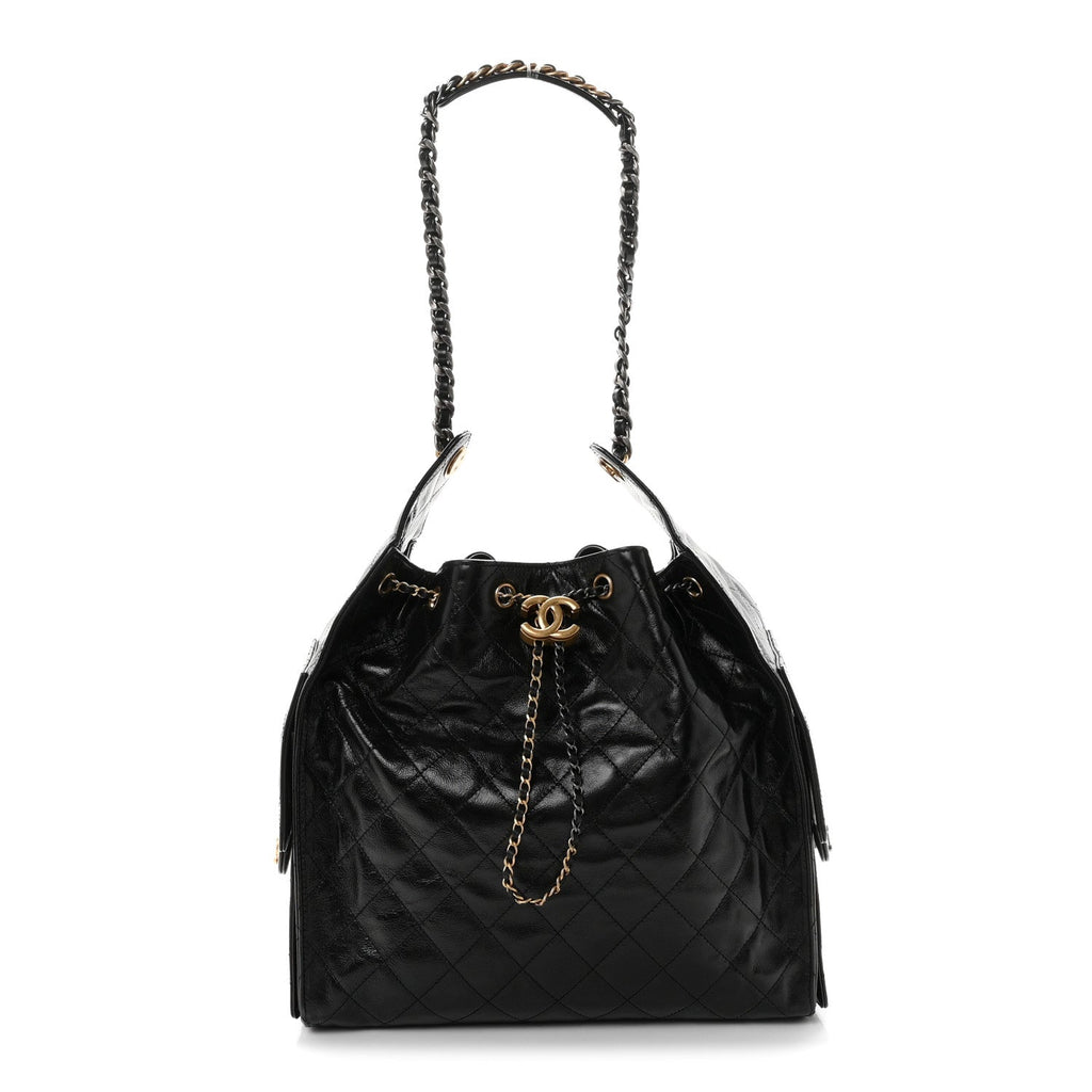 Shiny Crumpled Calfskin Quilted Medium Chanel 25 Handbag Black