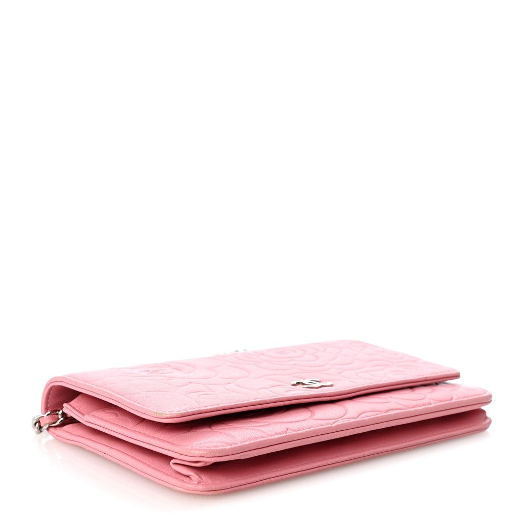 Lambskin Camellia Embossed Wallet on Chain WOC Pink
