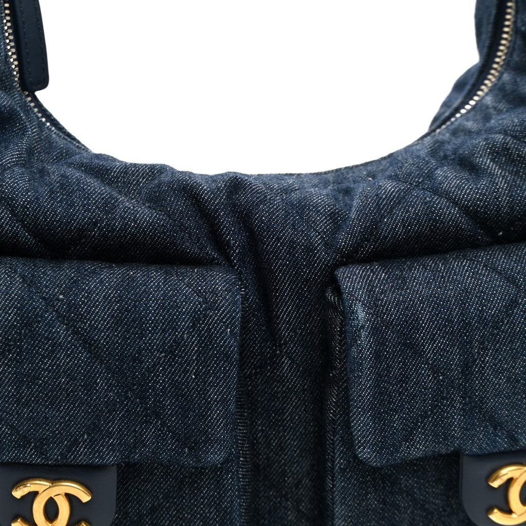 Washed Denim Quilted Maxi Trendy Pockets Hobo Dark Blue