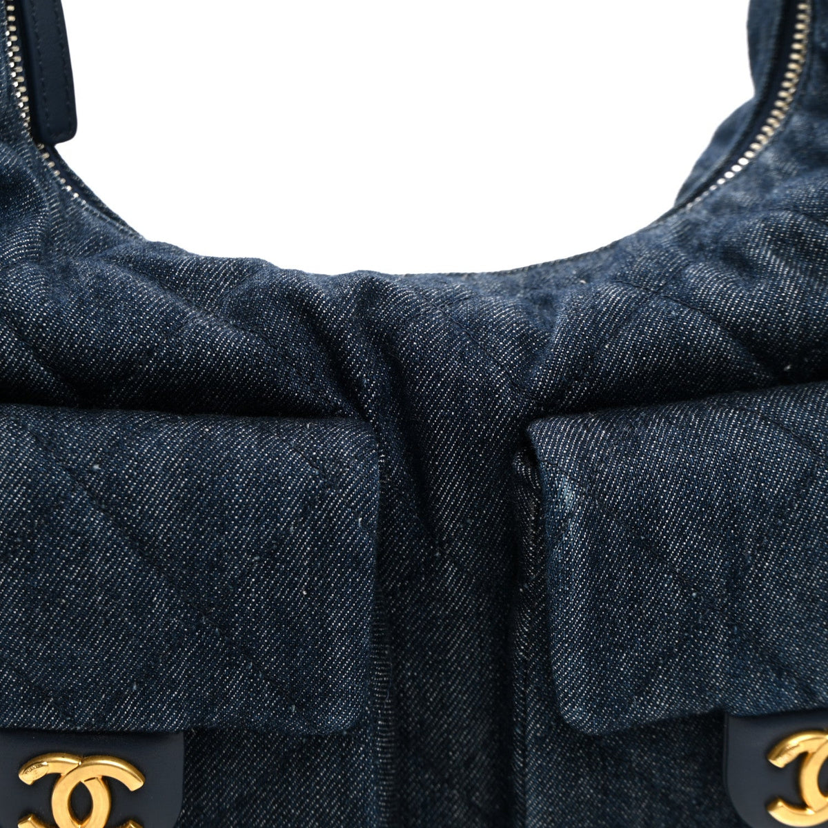 Washed Denim Quilted Maxi Trendy Pockets Hobo Dark Blue