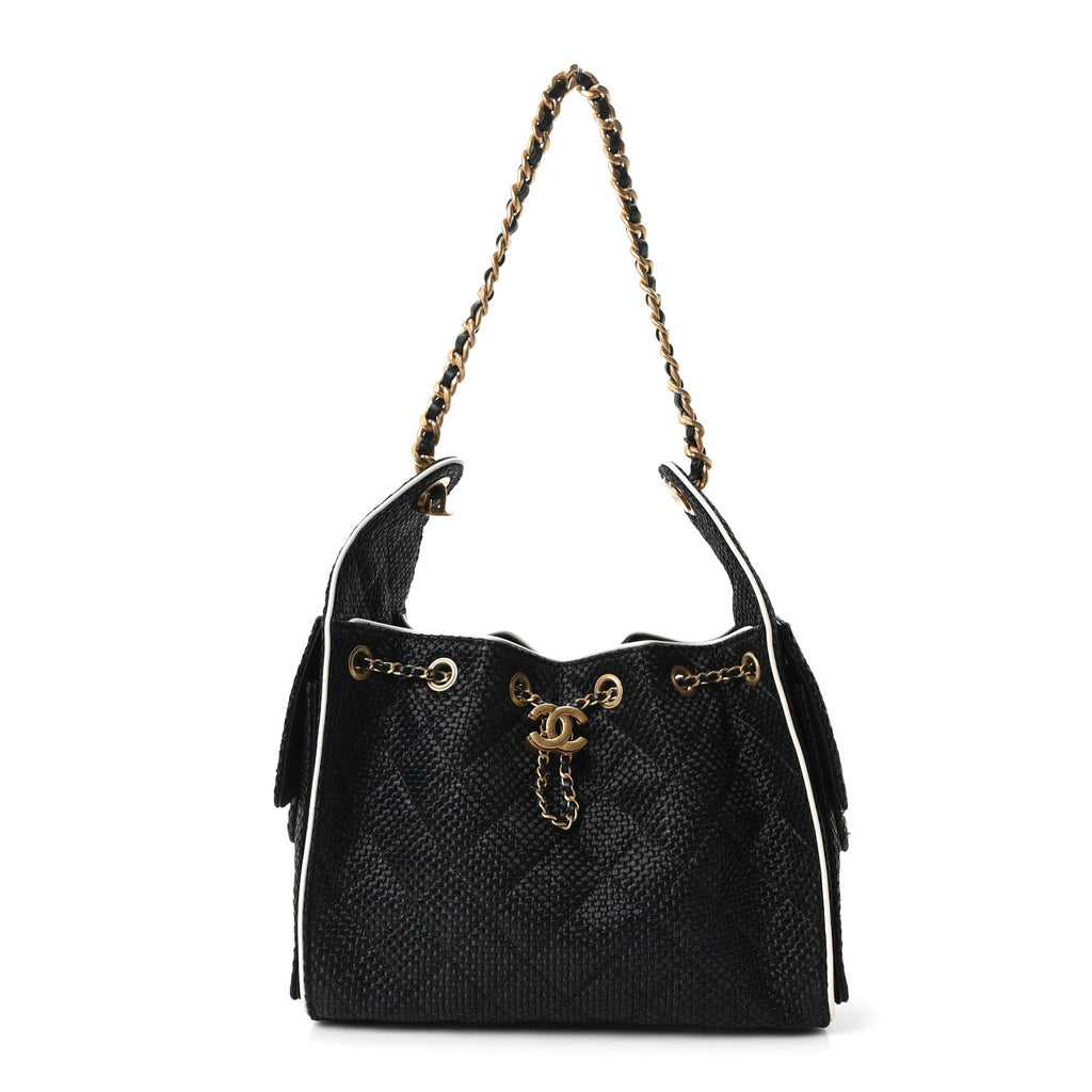 Braided Raffia Calfskin Quilted Small Chanel 25 Handbag Black White