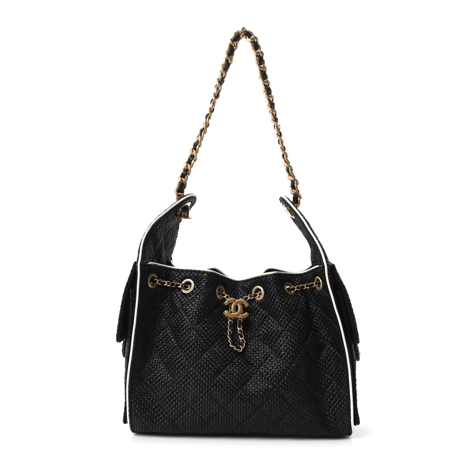 Braided Raffia Calfskin Quilted Small Chanel 25 Handbag Black White