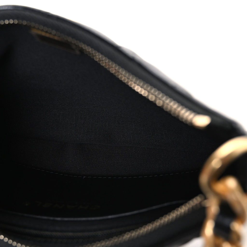 Shiny Crumpled Lambskin Quilted Trendy Chain Around Hobo Black