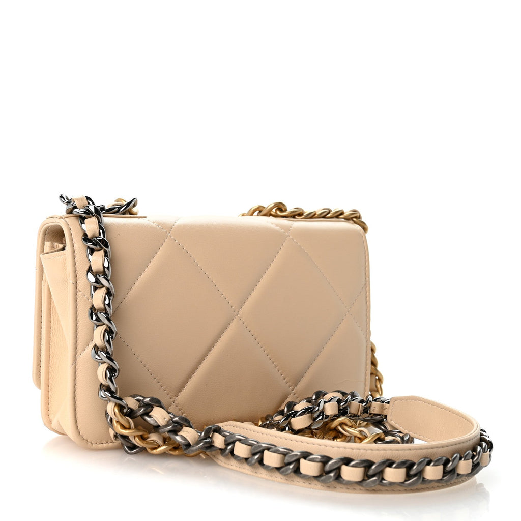 Lambskin Quilted Chanel 19 Wallet On Chain WOC Beige