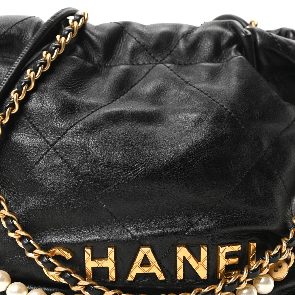 Shiny Crumpled Calfskin Quilted Pearl Mini Chanel 22 Black