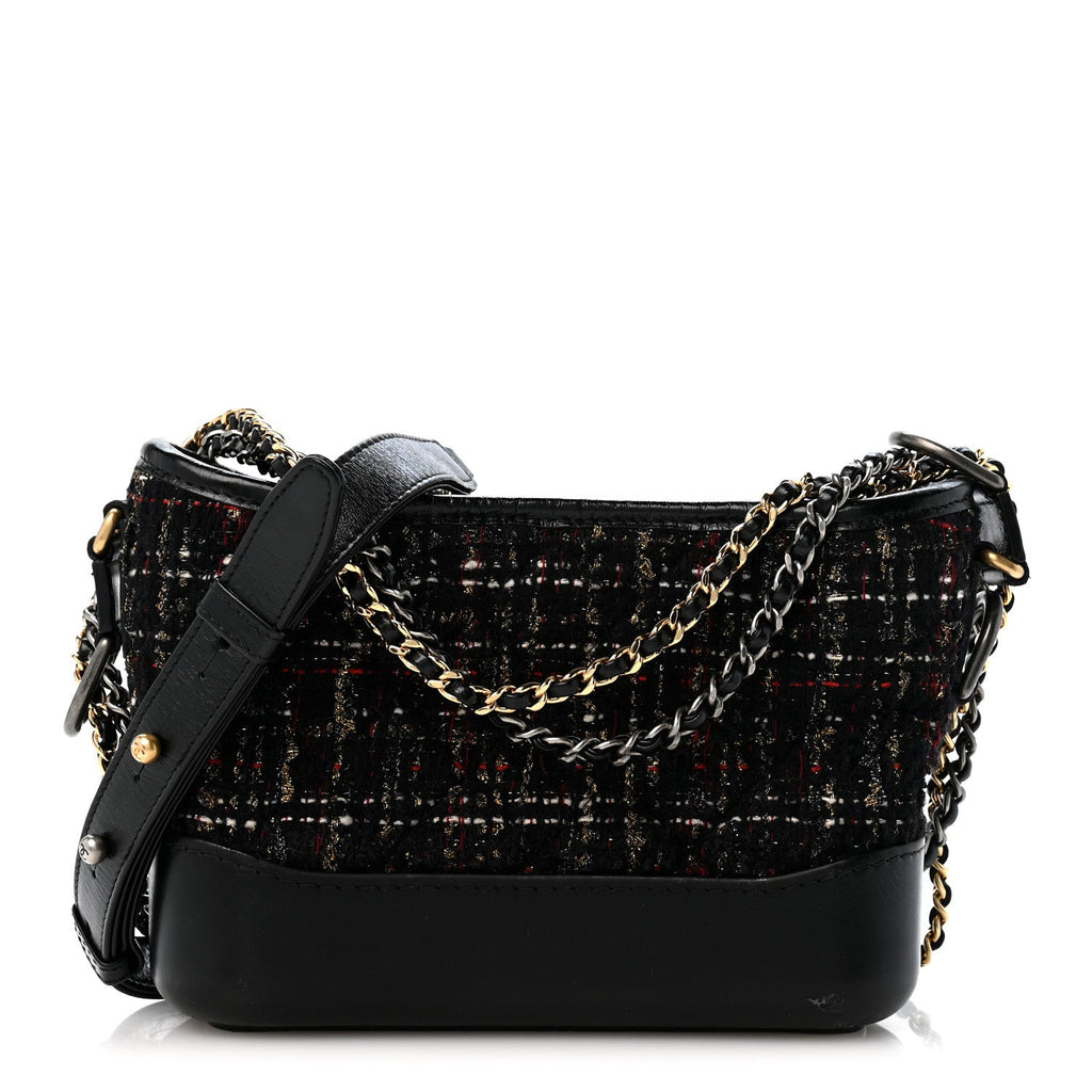 Tweed Calfskin Quilted Small Gabrielle Hobo Black Gold