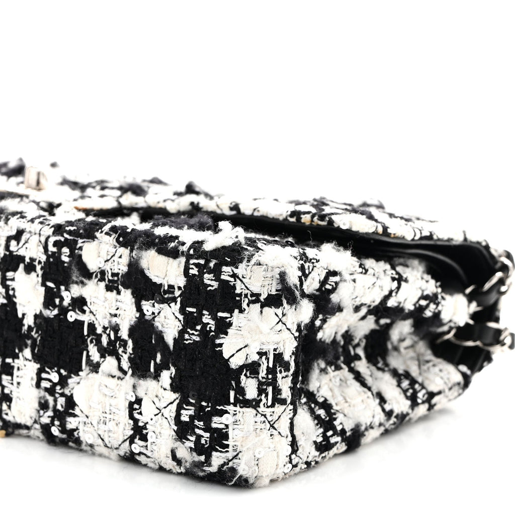Tweed Sequin Quilted Medium Double Flap Black White