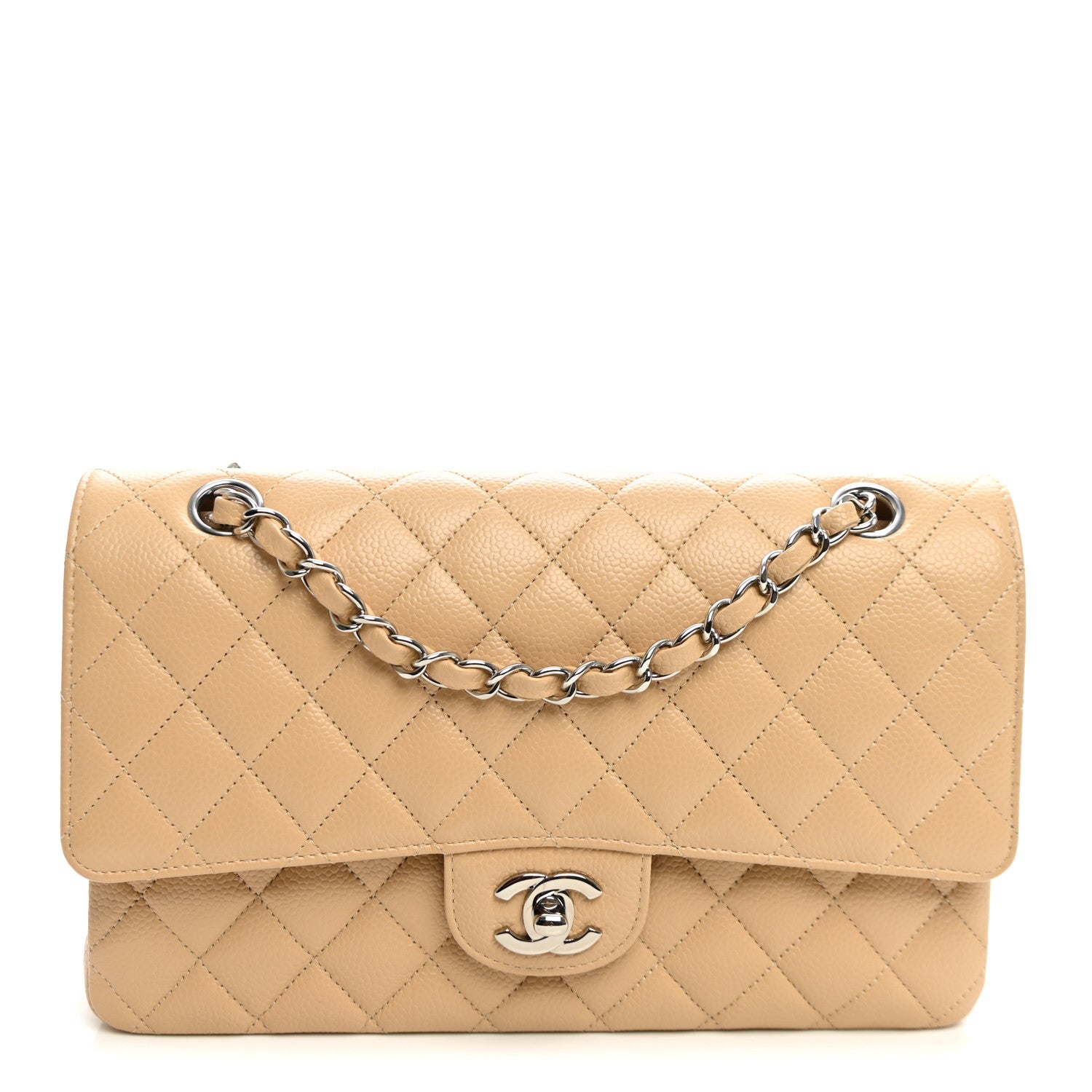 Caviar Quilted Medium Double Flap Beige