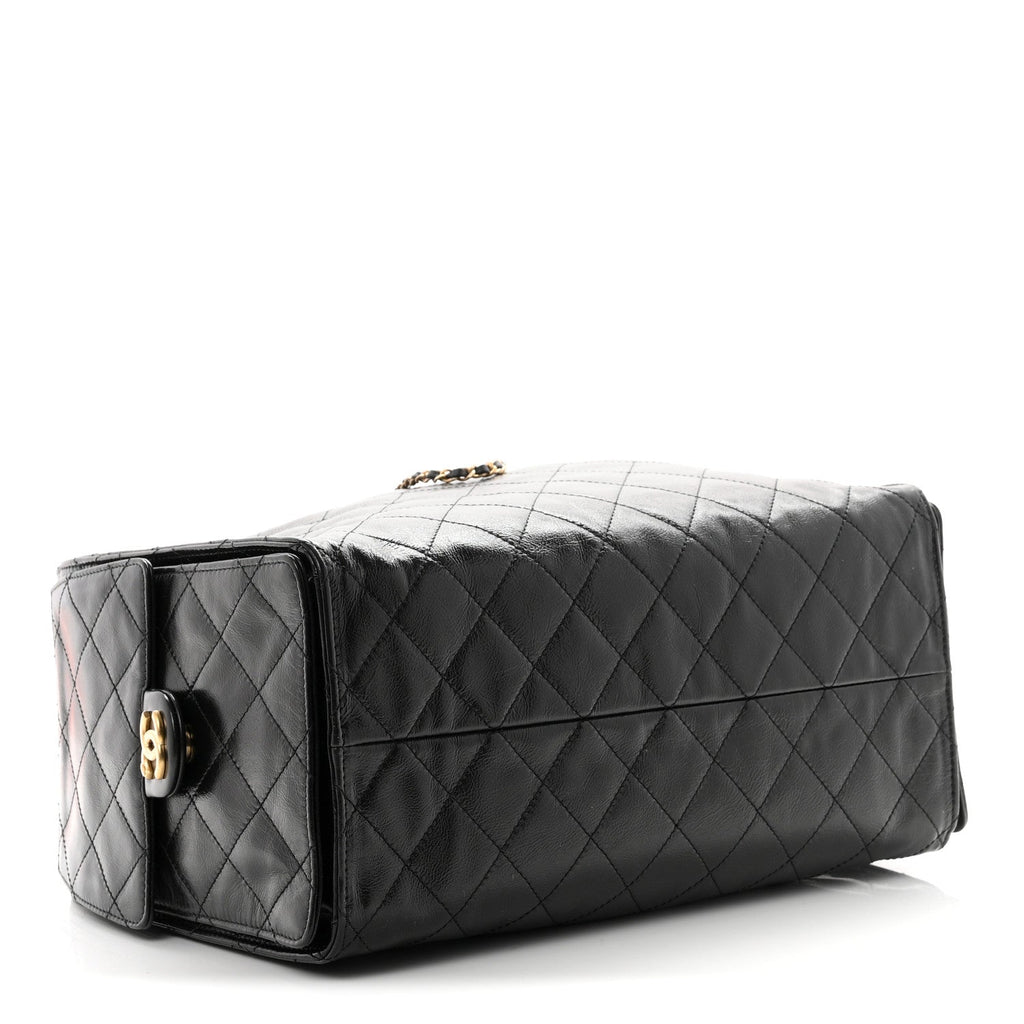 Shiny Crumpled Calfskin Quilted Medium Chanel 25 Handbag Black