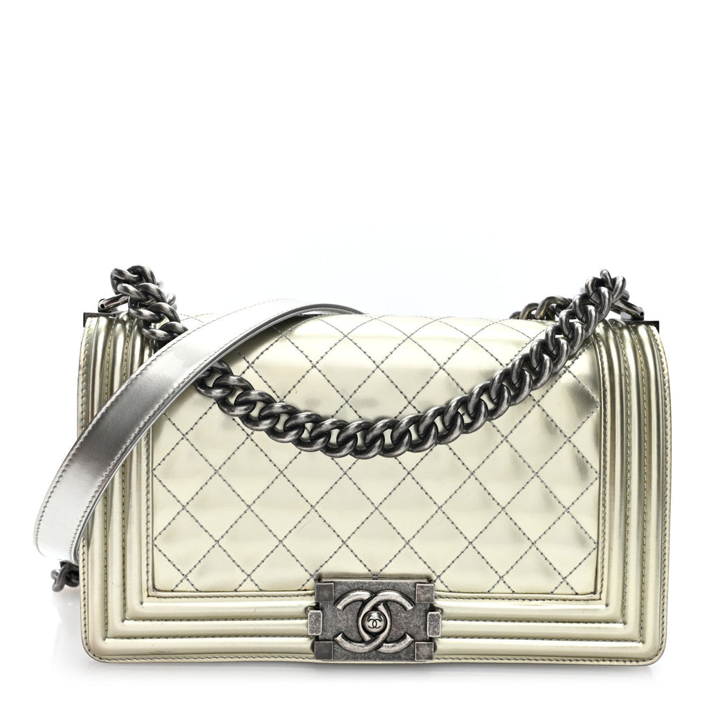 Metallic Patent Calfskin Quilted Medium Boy Flap Silver