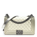 Metallic Patent Calfskin Quilted Medium Boy Flap Silver