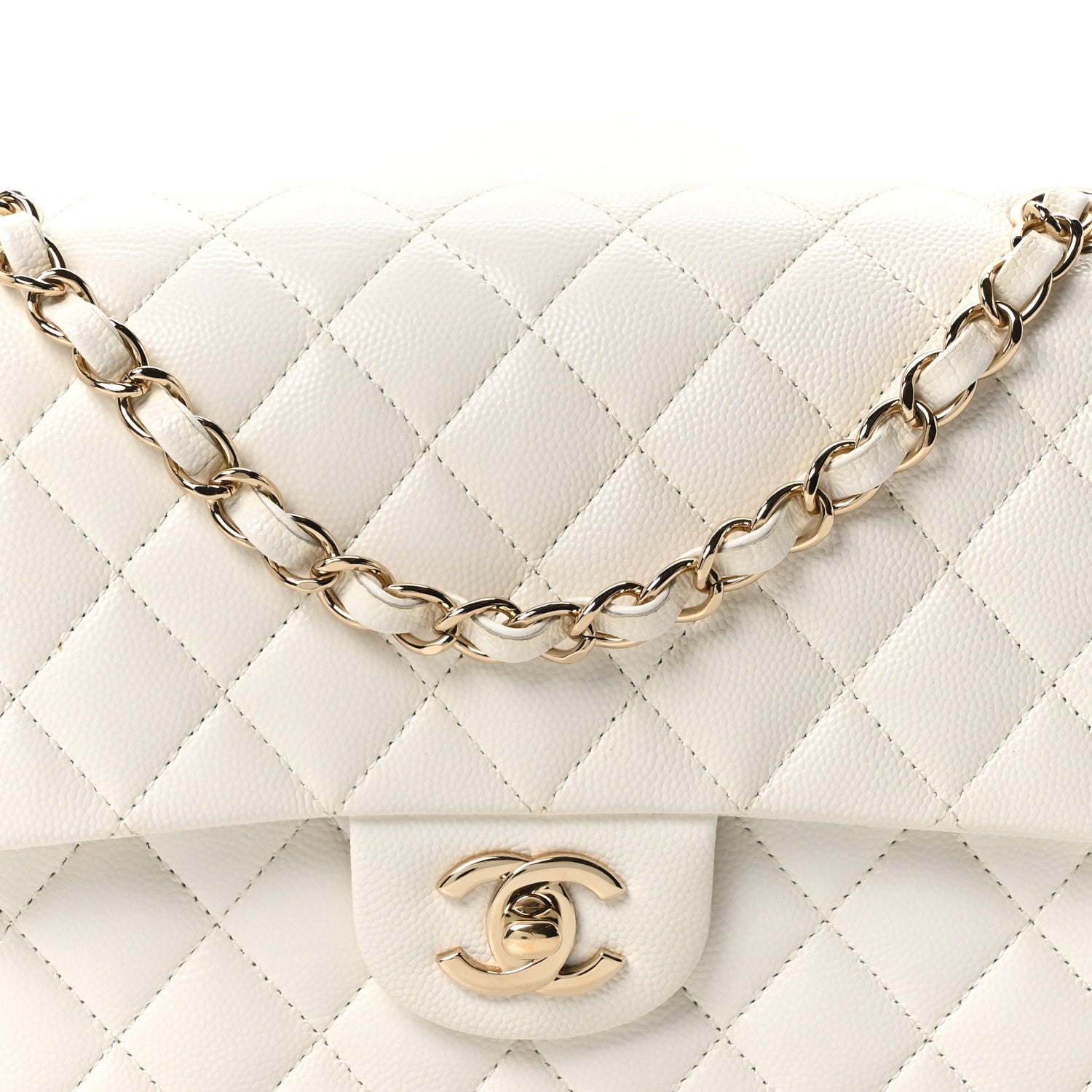 Caviar Quilted Medium Double Flap White