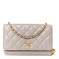 Lambskin Quilted CC Pearl Crush Wallet on Chain WOC Grey