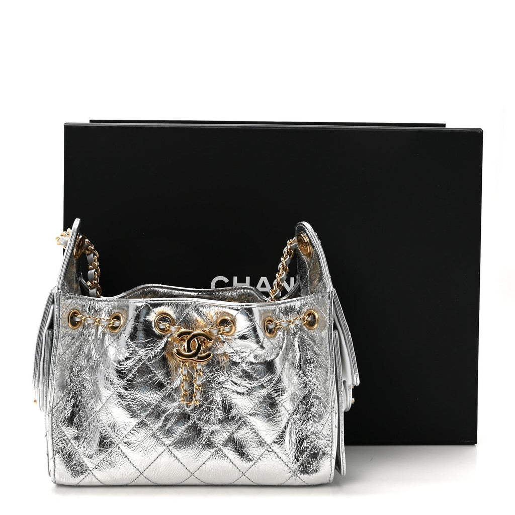 Metallic Aged Calfskin Quilted Mini Chanel 25 Handbag Silver