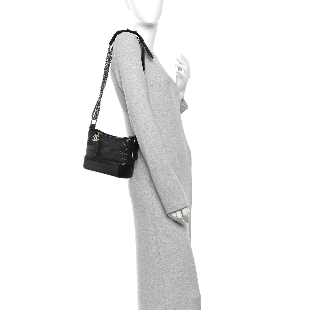 Aged Calfskin Quilted Small Gabrielle Hobo  Black