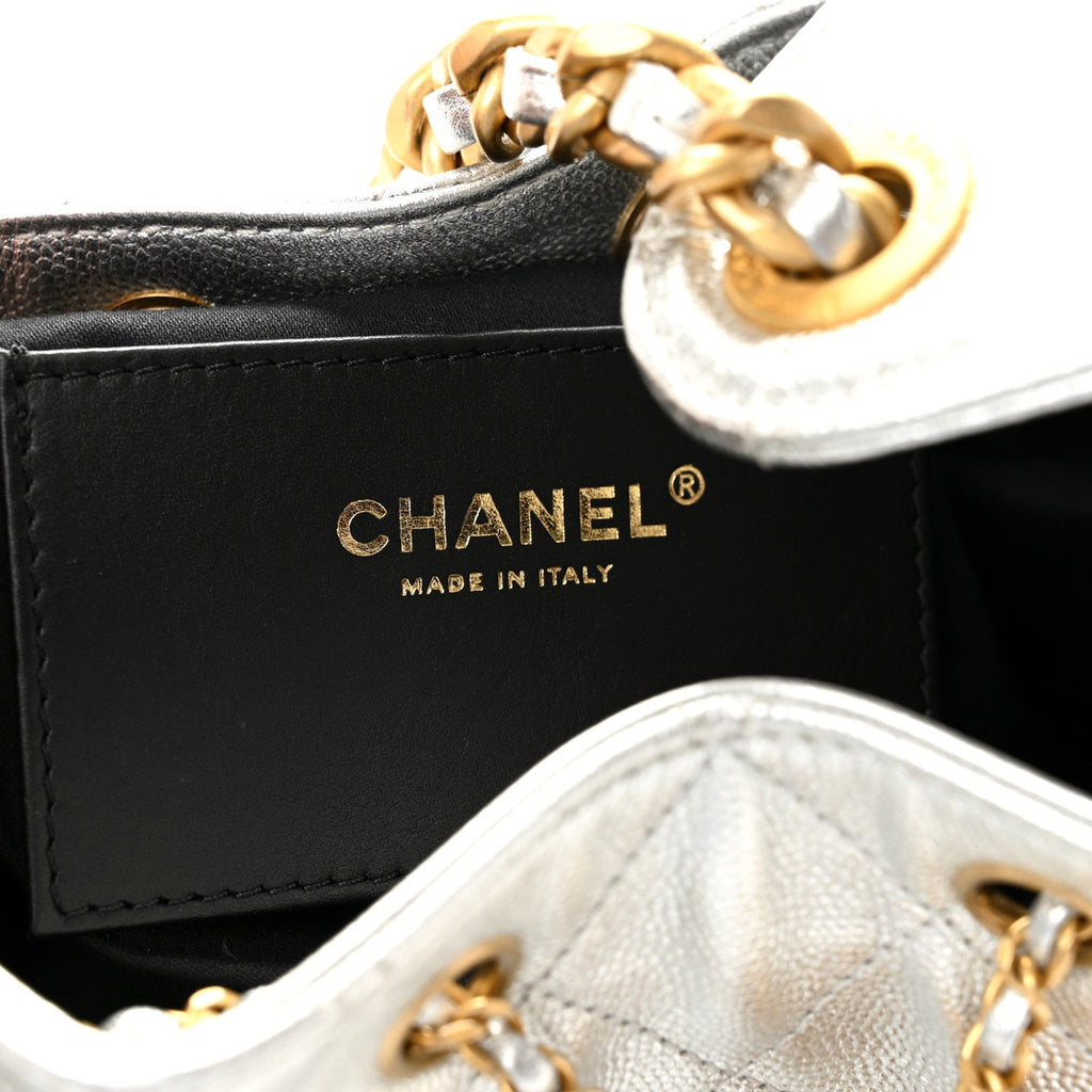 Metallic Caviar Quilted Small Chanel 25 Handbag Silver