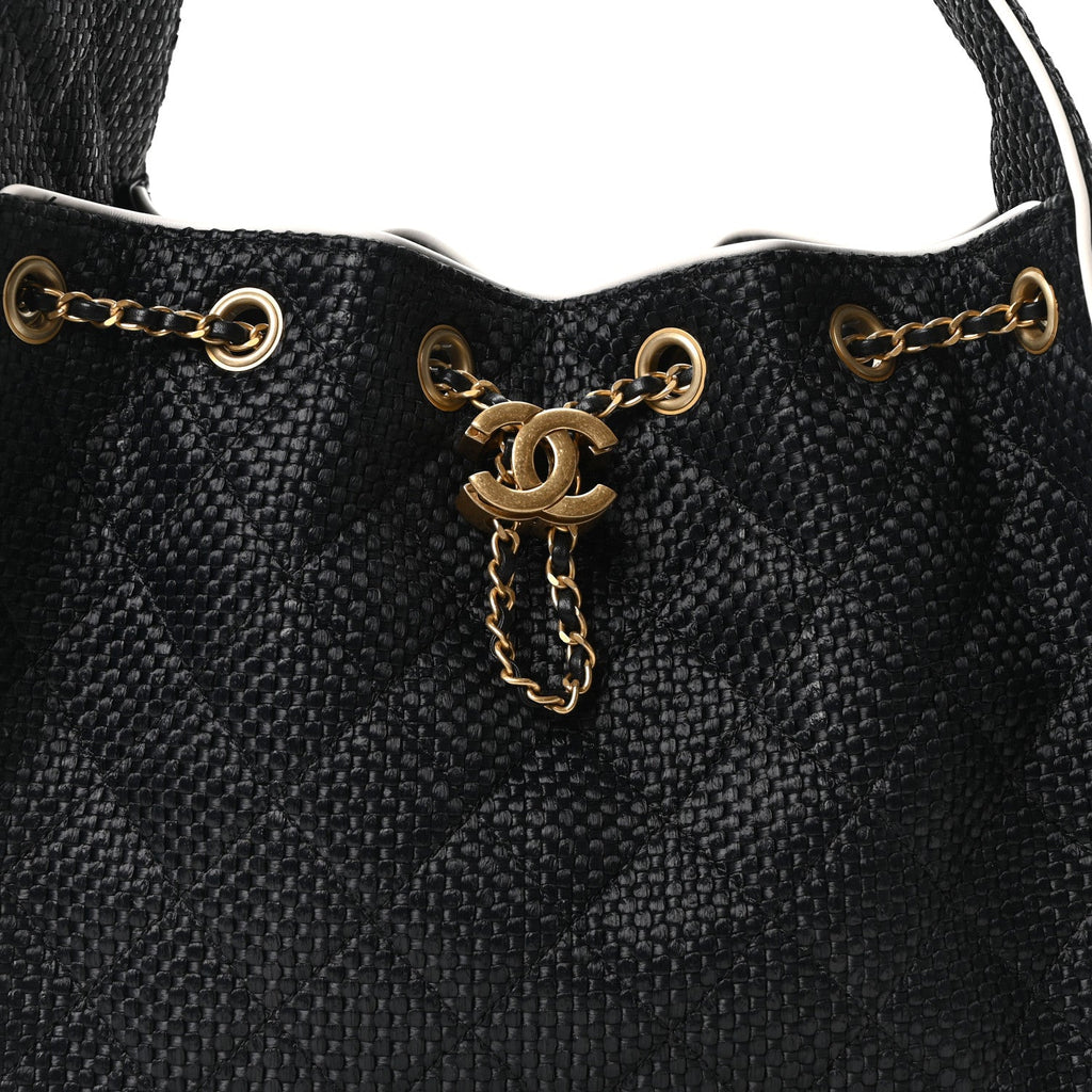 Braided Raffia Calfskin Quilted Small Chanel 25 Handbag Black White