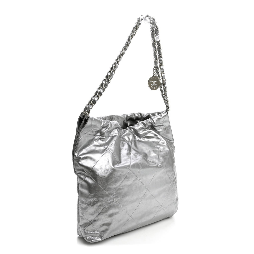 Metallic Calfskin Quilted Small Chanel 22 Silver