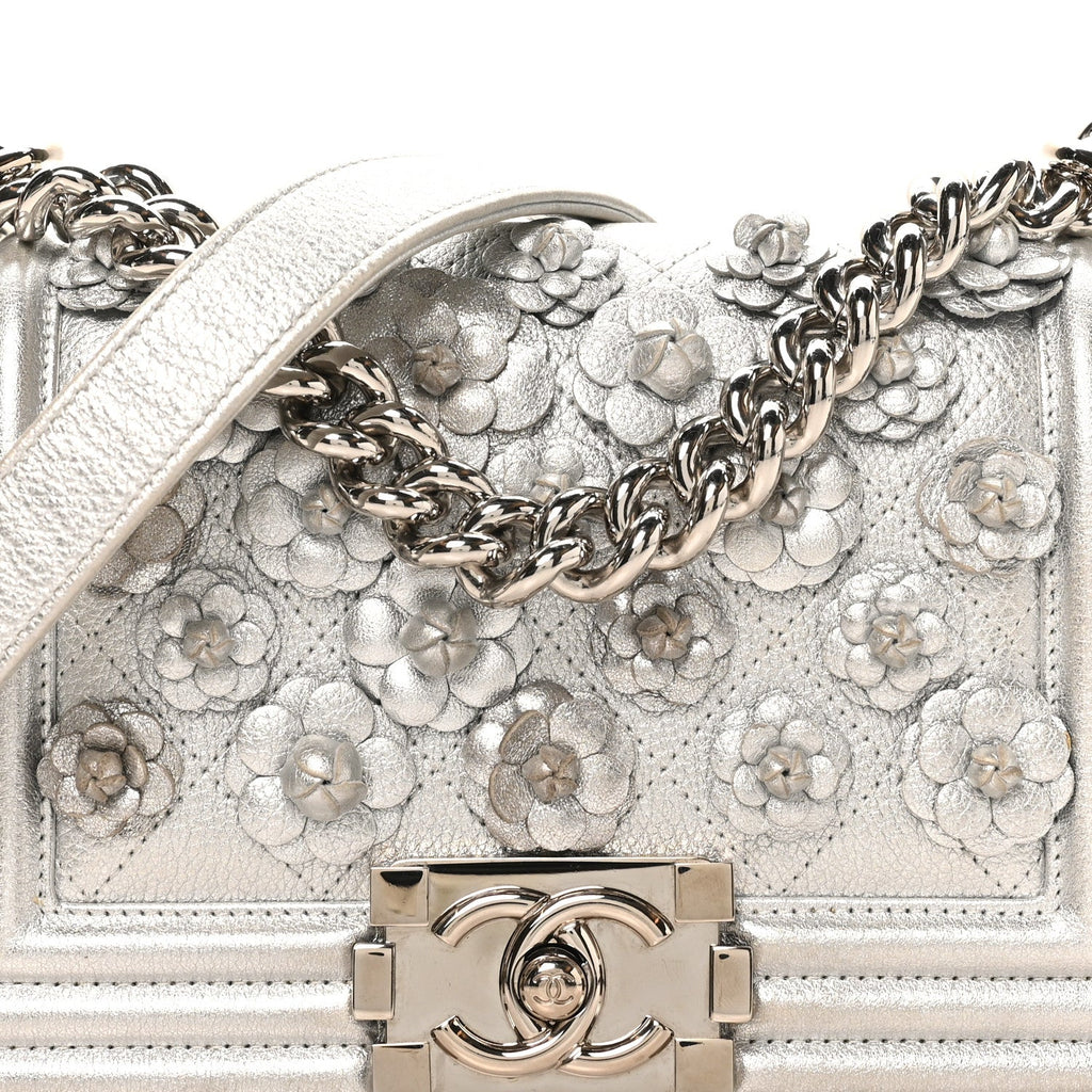 Metallic Calfskin Camellia Quilted Small Boy Flap Silver